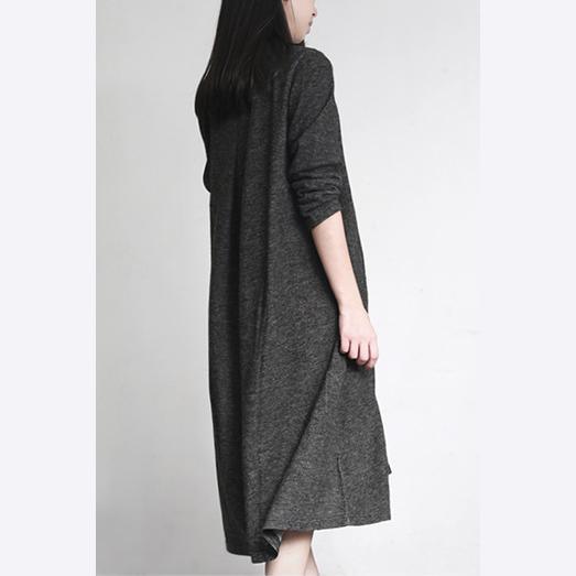 2017 new stylish dark gray woolen dresses plus size cotton vintage elegant maxi dress - Omychic
