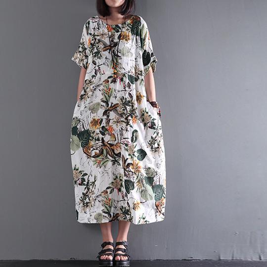 2021 New Summer Maxi Dress Print Linen Dresses Plus Size Sundress - Omychic