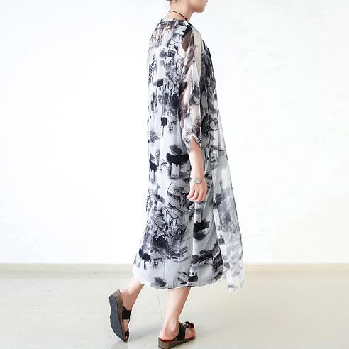 2017 new white print chiffon maxi dress plus size silk shirt dresses long sleeve caftans - Omychic
