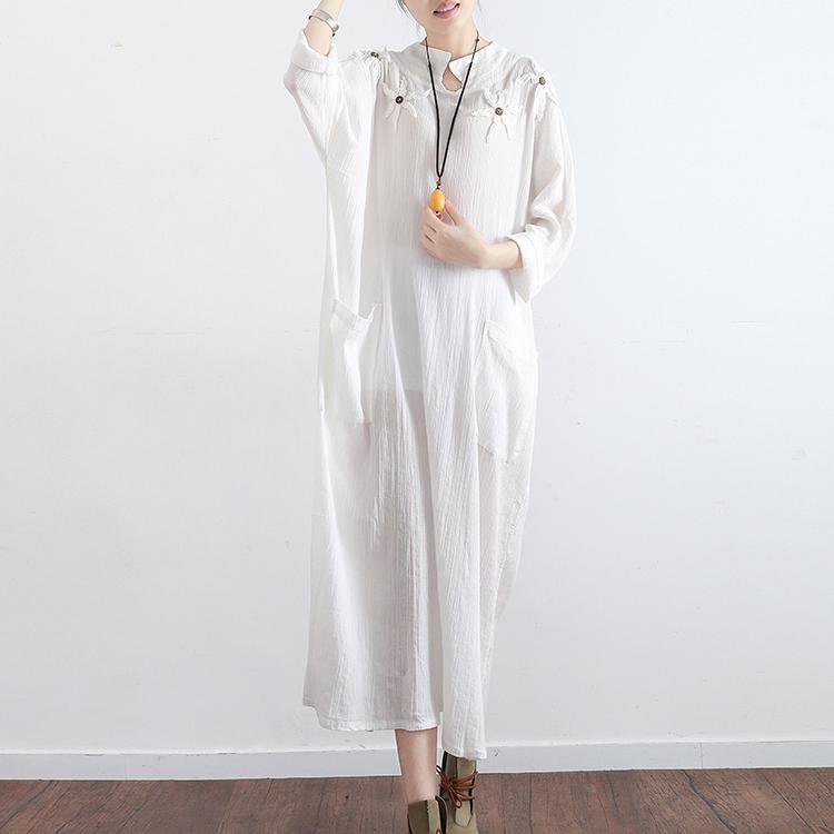 2017 new white vintage linen dresses mandarin mollar casual sundrss long sleeve maxi dress - Omychic