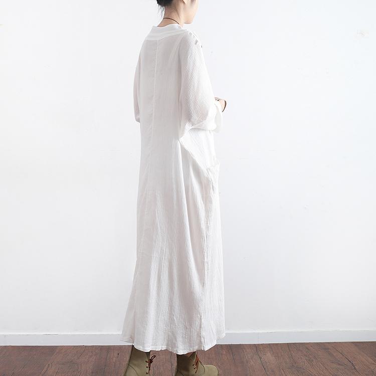 2017 new white vintage linen dresses mandarin mollar casual sundrss long sleeve maxi dress - Omychic