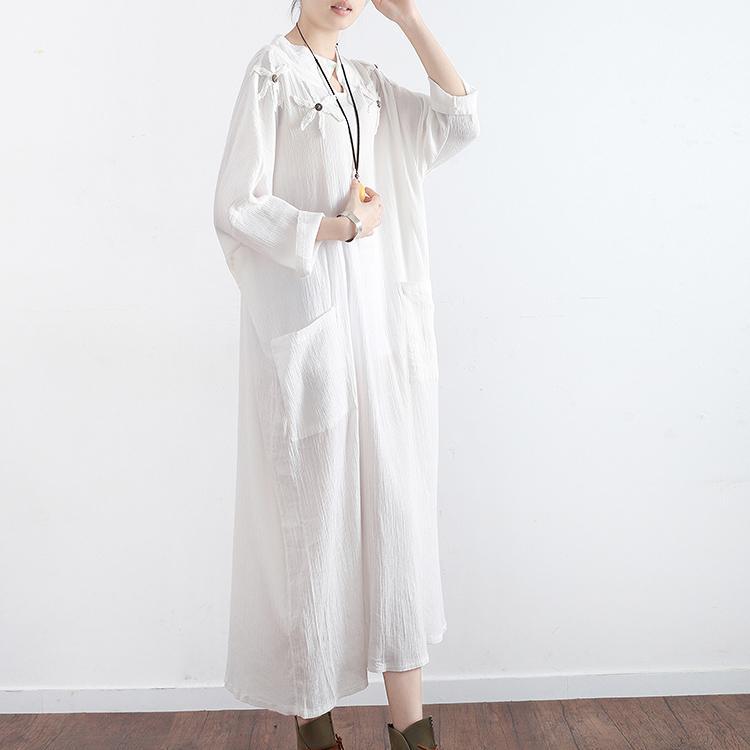 2017 new white vintage linen dresses mandarin mollar casual sundrss long sleeve maxi dress - Omychic