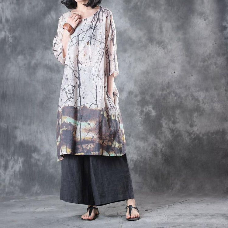 2017 nude prints vintage linen sundress plus size casual t shirt dresses bracelet sleeved mid-dress - Omychic