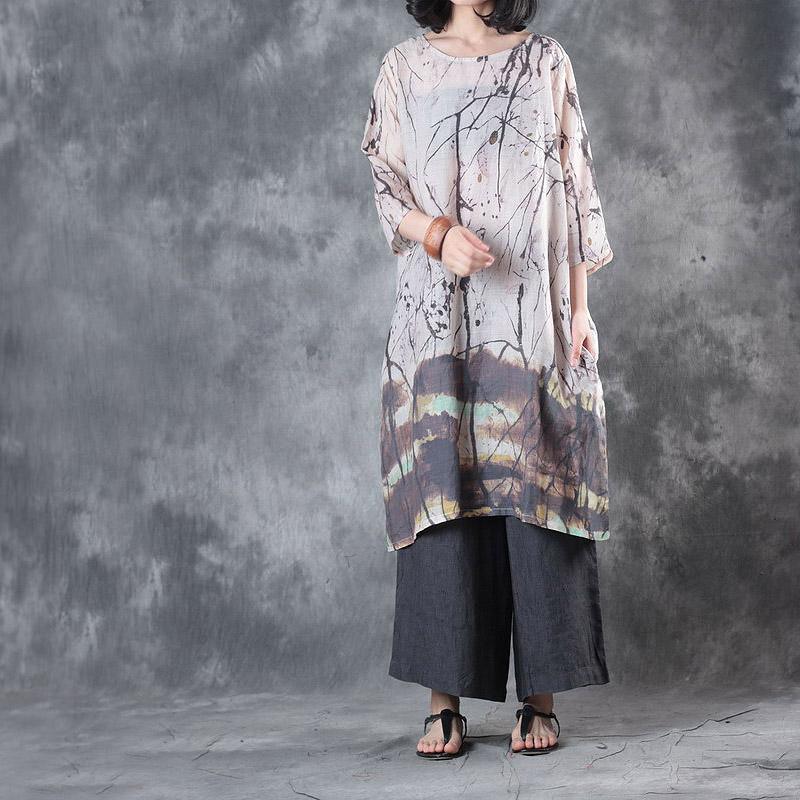 2017 nude prints vintage linen sundress plus size casual t shirt dresses bracelet sleeved mid-dress - Omychic
