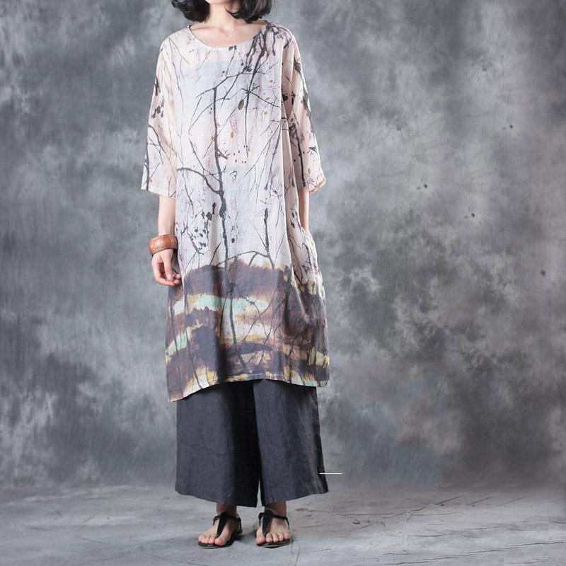 2017 nude prints vintage linen sundress plus size casual t shirt dresses bracelet sleeved mid-dress - Omychic