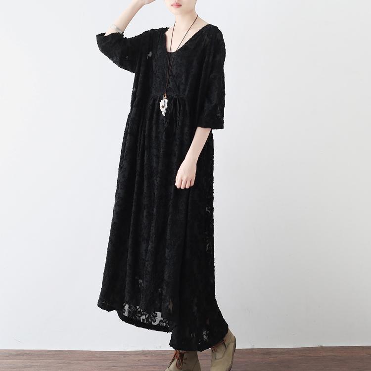 2021 Original Design Black Hollow Out Chiffon Silk Dresses Plus Size Casual Large Hem Maxi Dress - Omychic