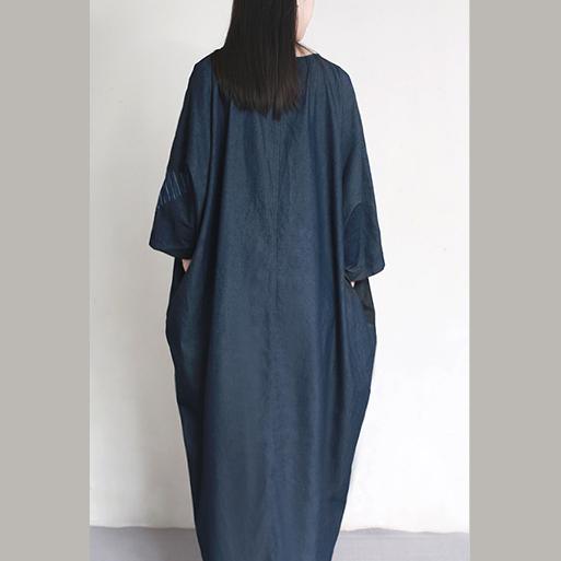 2017 original embroidery denim blue cotton dresses plus size patchwork batwing sleeve maxi dress - Omychic