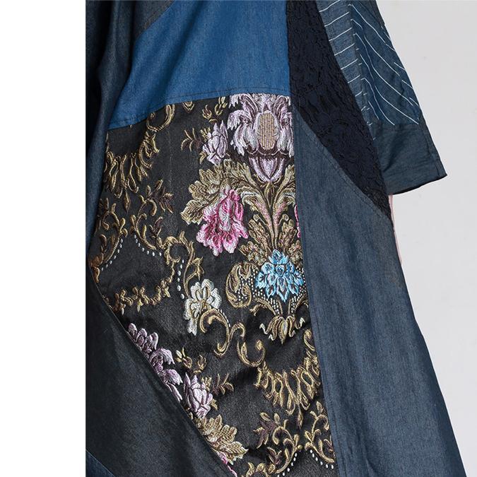 2017 original embroidery denim blue cotton dresses plus size patchwork batwing sleeve maxi dress - Omychic
