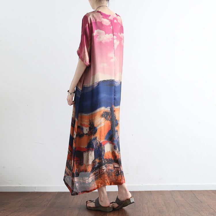 2021 Original Red Chiffon Sundress Print Patchwork Oversize Casual Dress Short Sleeve Maxi Dress - Omychic