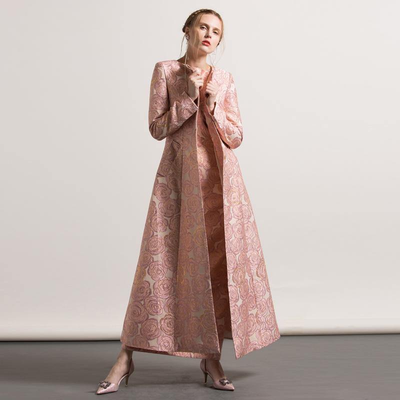 2017 pink jacquard cotton trench coats fashion casual o neck long coat - Omychic