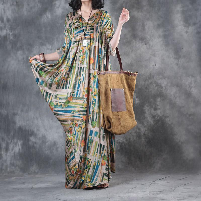 2017 rainbow baggy silk dresses plus size draping sundress v neck vintage maxi dress - Omychic