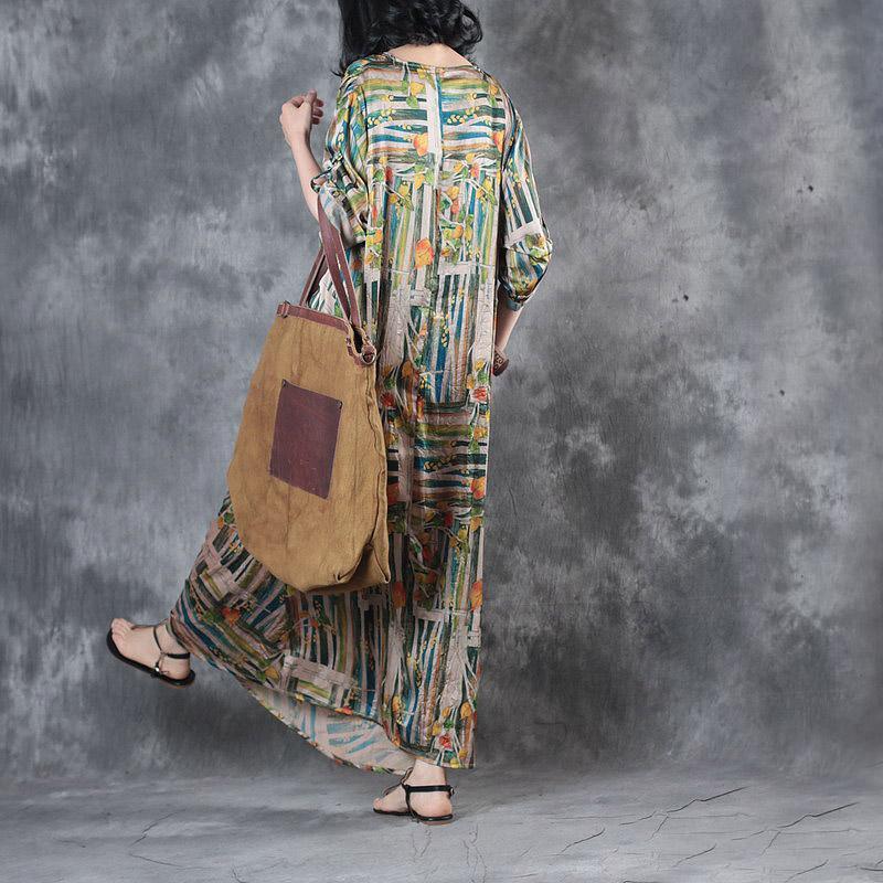 2017 rainbow baggy silk dresses plus size draping sundress v neck vintage maxi dress - Omychic