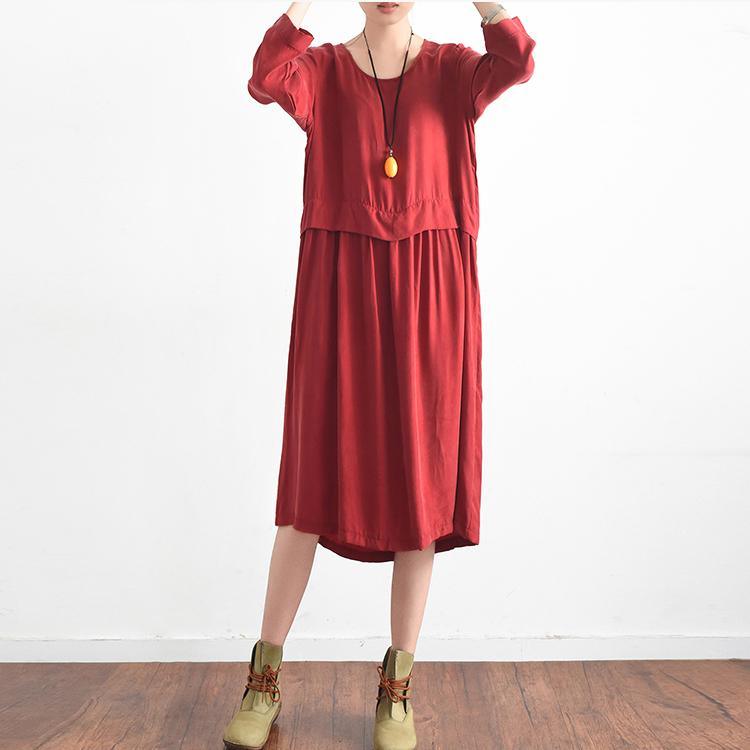 2017 red casual silk sundress oversize large hem summer dress long sleeve maxi dress - Omychic