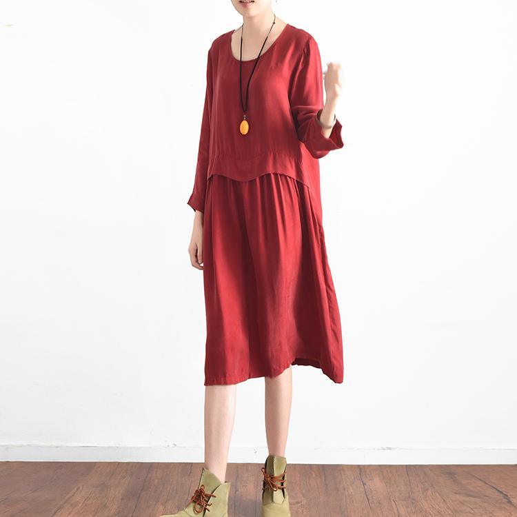 2017 red casual silk sundress oversize large hem summer dress long sleeve maxi dress - Omychic