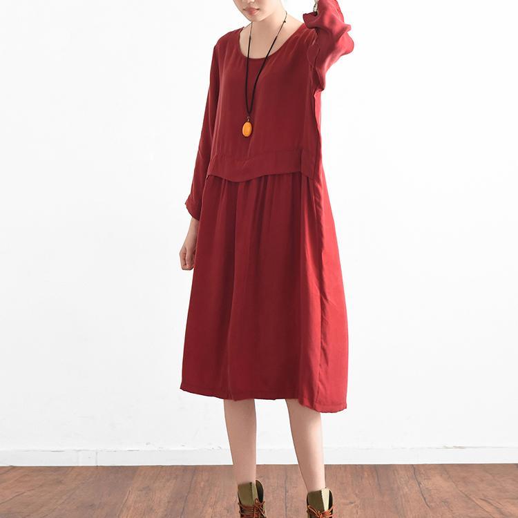 2017 red casual silk sundress oversize large hem summer dress long sleeve maxi dress - Omychic