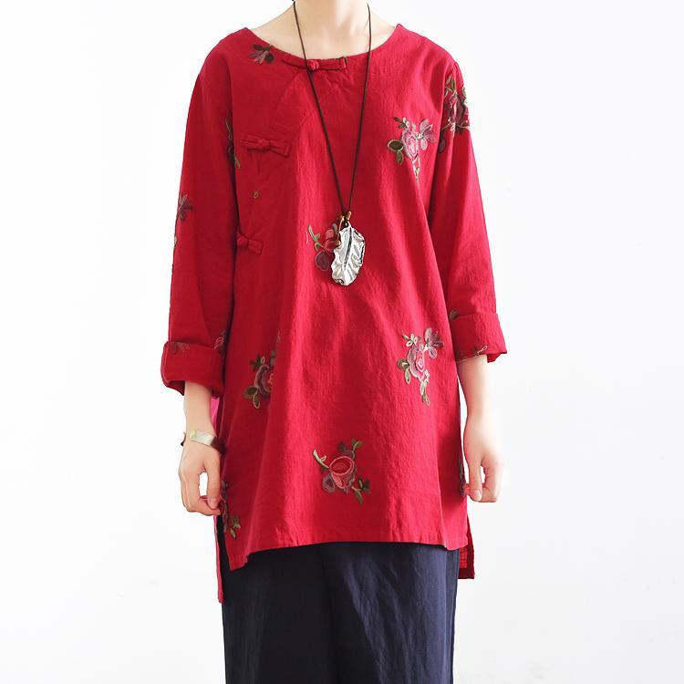 2017 red embroidery linen tops vintage casual blouse ChineseButton  t shirts - Omychic