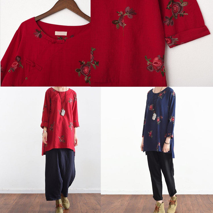 2017 red embroidery linen tops vintage casual blouse ChineseButton  t shirts - Omychic