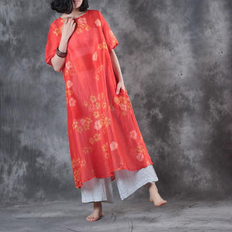 2017 red floral silk linen dresses oversize casual maxi dress short sleeve sundress - Omychic