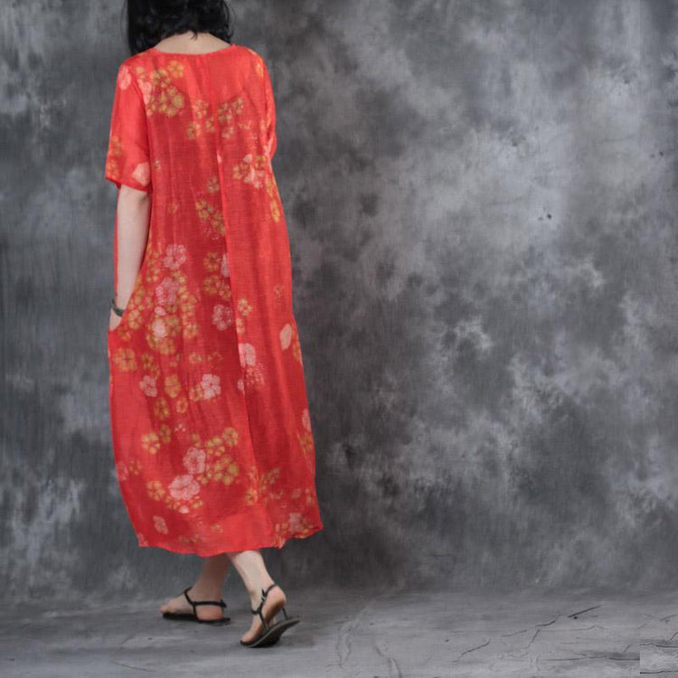 2017 red floral silk linen dresses oversize casual maxi dress short sleeve sundress - Omychic