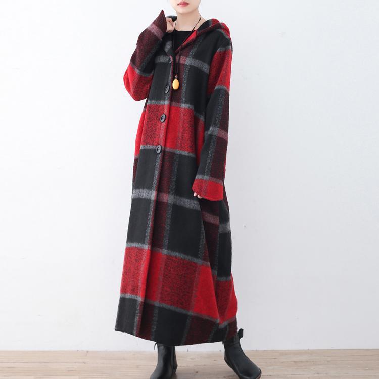 2021 Red Plaid Wool Coat Plussize Winter Coat Women Hooded Maxi Coat - Omychic