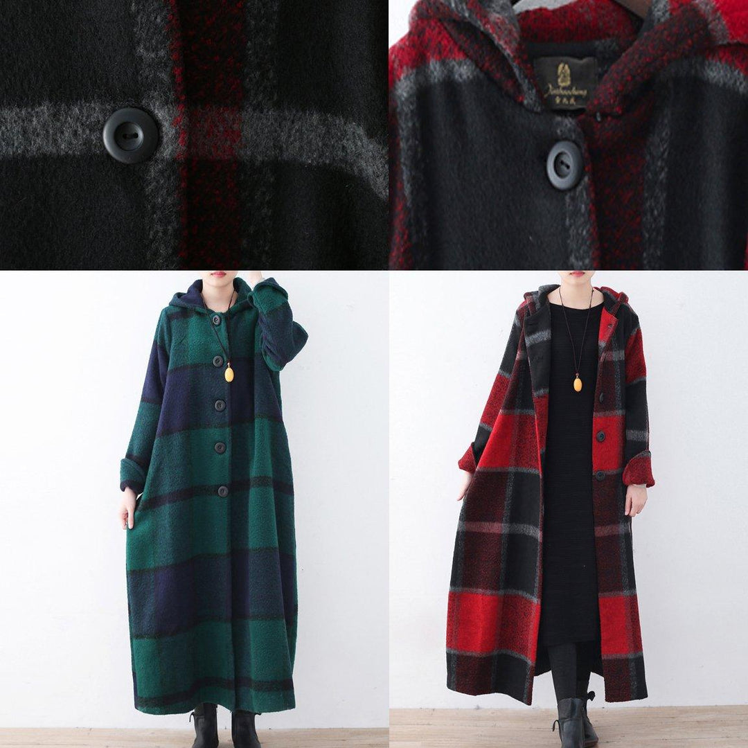 2021 Red Plaid Wool Coat Plussize Winter Coat Women Hooded Maxi Coat - Omychic