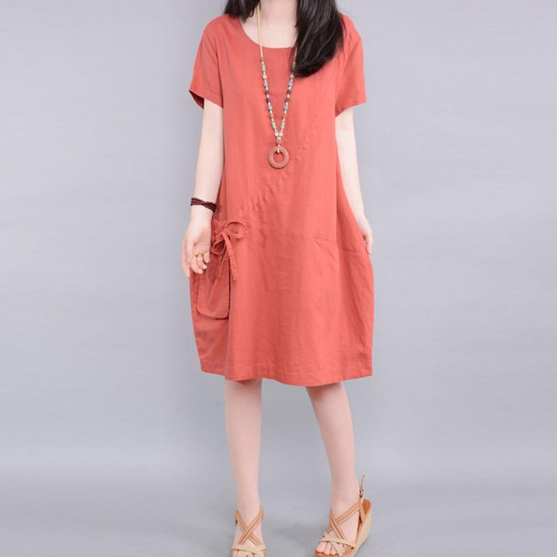 2017 red solid casual linen dresses pockets oversize sundress short sleeve shift dress - Omychic