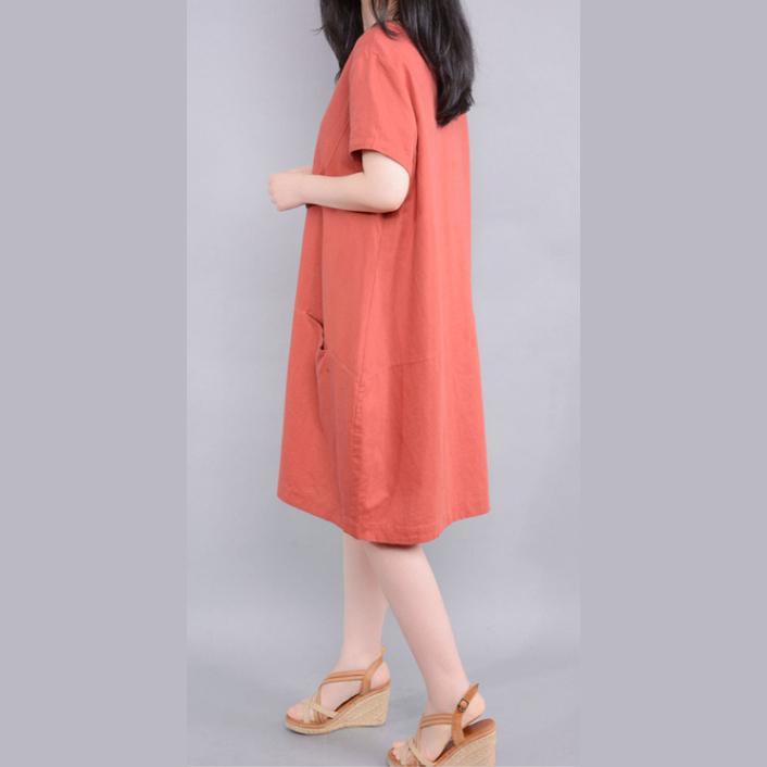 2017 red solid casual linen dresses pockets oversize sundress short sleeve shift dress - Omychic