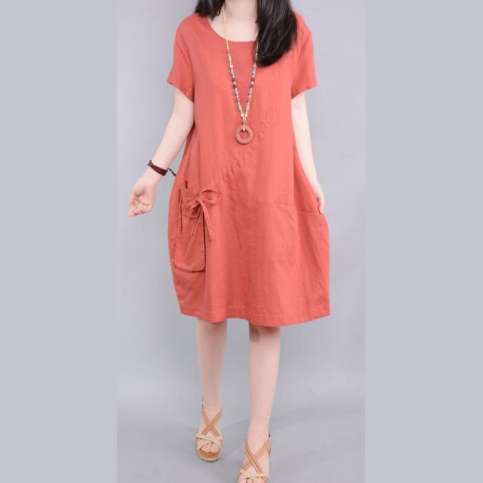 2017 red solid casual linen dresses pockets oversize sundress short sleeve shift dress - Omychic