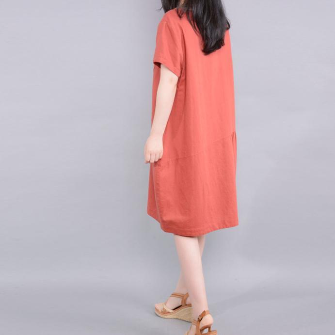 2017 red solid casual linen dresses pockets oversize sundress short sleeve shift dress - Omychic