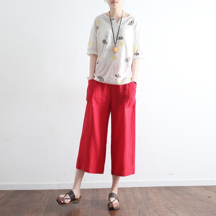 2017 red stylish wide leg pants plus size elastic waist crop pants - Omychic