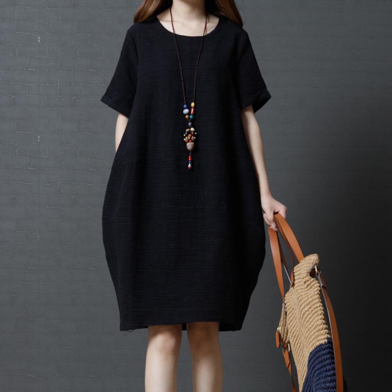 2017 solid black casual linen sundress baggy loose mid dresses o neck women dress - Omychic