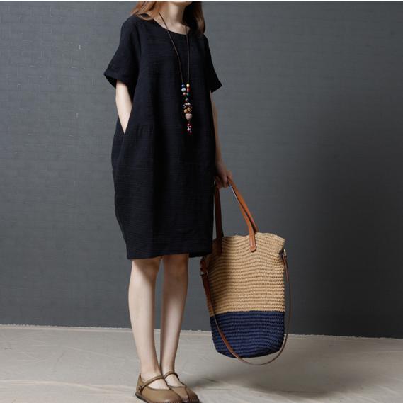 2017 solid black casual linen sundress baggy loose mid dresses o neck women dress - Omychic