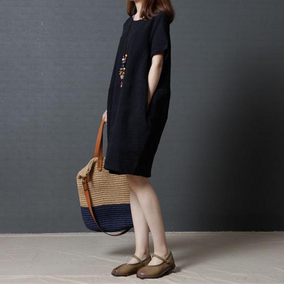 2017 solid black casual linen sundress baggy loose mid dresses o neck women dress - Omychic