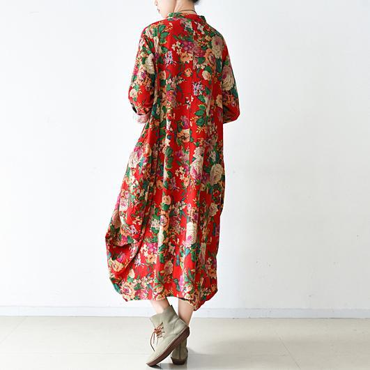 2017 spring blossom flowers print linen dresses bagg cotton dress - Omychic