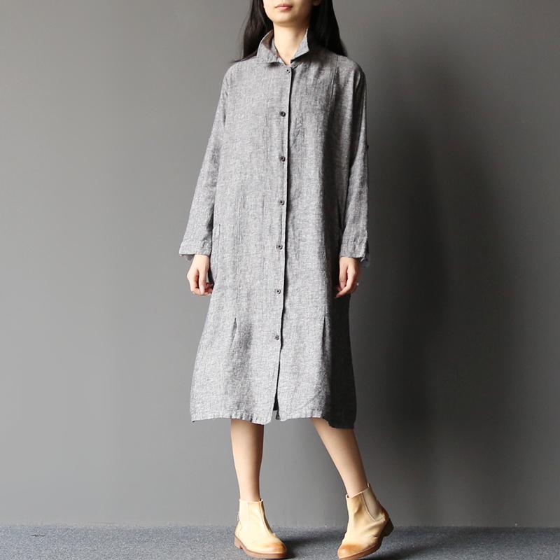 2017 spring dust gray buttons shirt dress woman long linen maxi dresses - Omychic