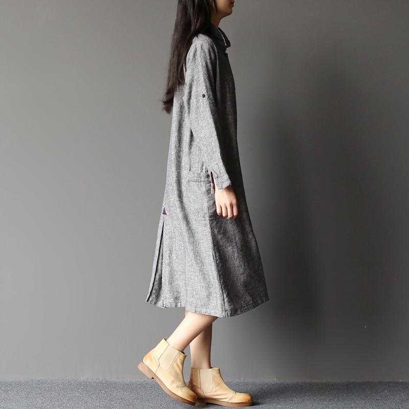 2017 spring dust gray buttons shirt dress woman long linen maxi dresses - Omychic