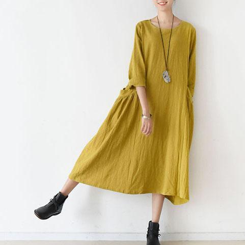 Vintage Fine yellow linen dresses cozy large pockets oversized - Omychic