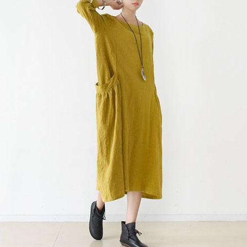2017 spring fine yellow linen dresses cozy large pockets oversized - Omychic