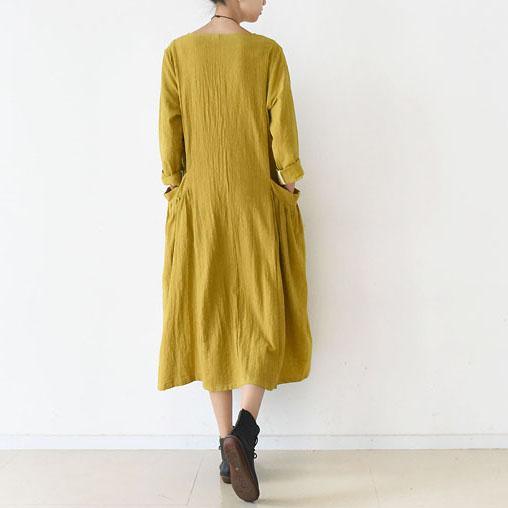 Vintage Fine yellow linen dresses cozy large pockets oversized - Omychic