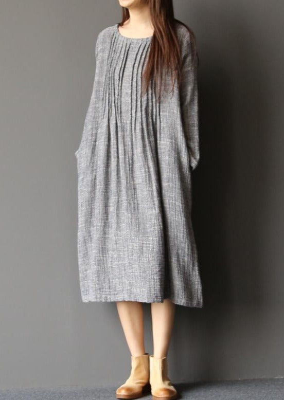 2021 Spring Light Gray Linen Dresses Plus Size Pleated Cotton Dress Caftans ( Limited Stock) - Omychic