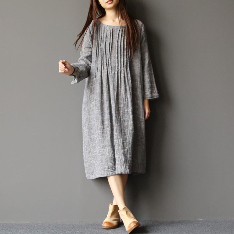 2021 Spring Light Gray Linen Dresses Plus Size Pleated Cotton Dress Caftans ( Limited Stock) - Omychic