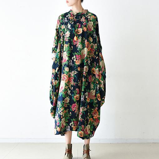 2017 spring linen dress maxi navy floral cotton dresses - Omychic