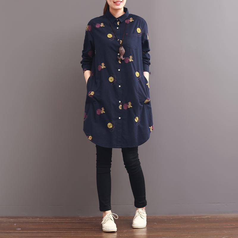 2017 spring navy dotted flower embroidered shirts dresses - Omychic
