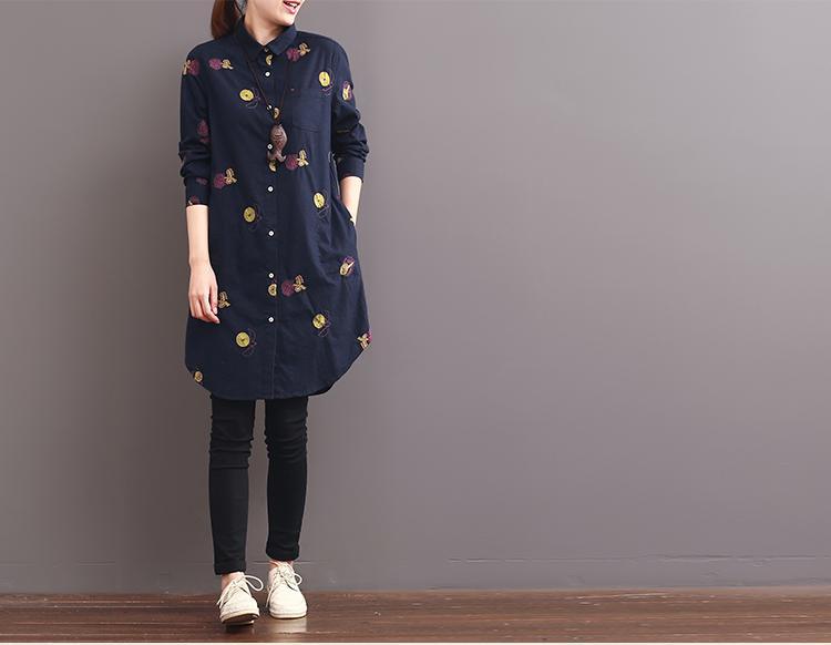 2017 spring navy dotted flower embroidered shirts dresses - Omychic