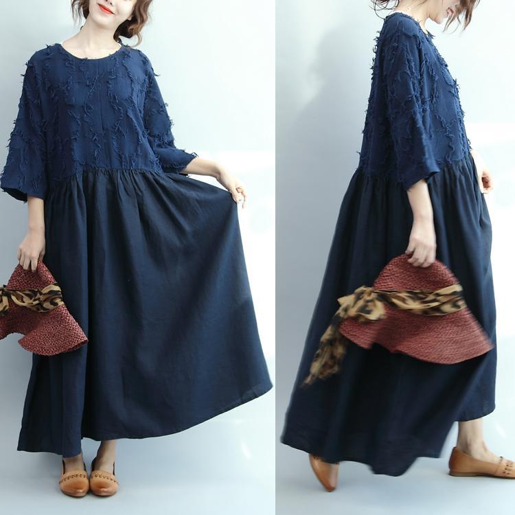 2017 spring navy linen dresses plus size vintage fit flare dress half sleeve - Omychic