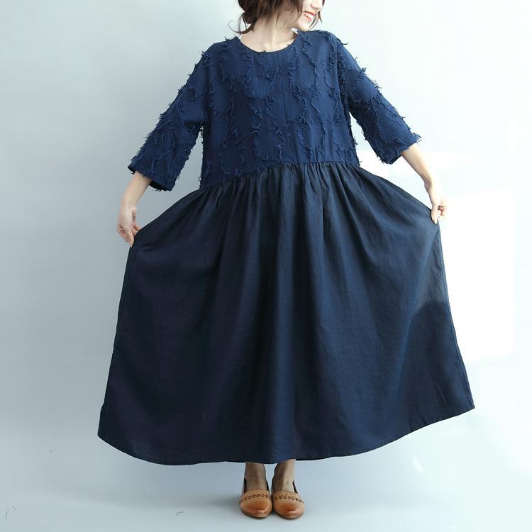 2017 spring navy linen dresses plus size vintage fit flare dress half sleeve - Omychic