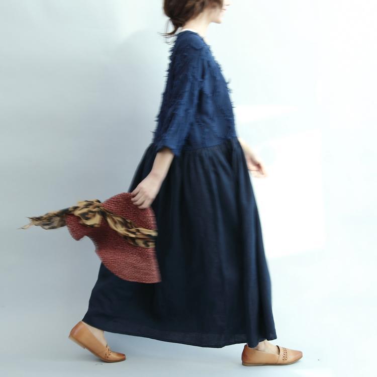 2017 spring navy linen dresses plus size vintage fit flare dress half sleeve - Omychic