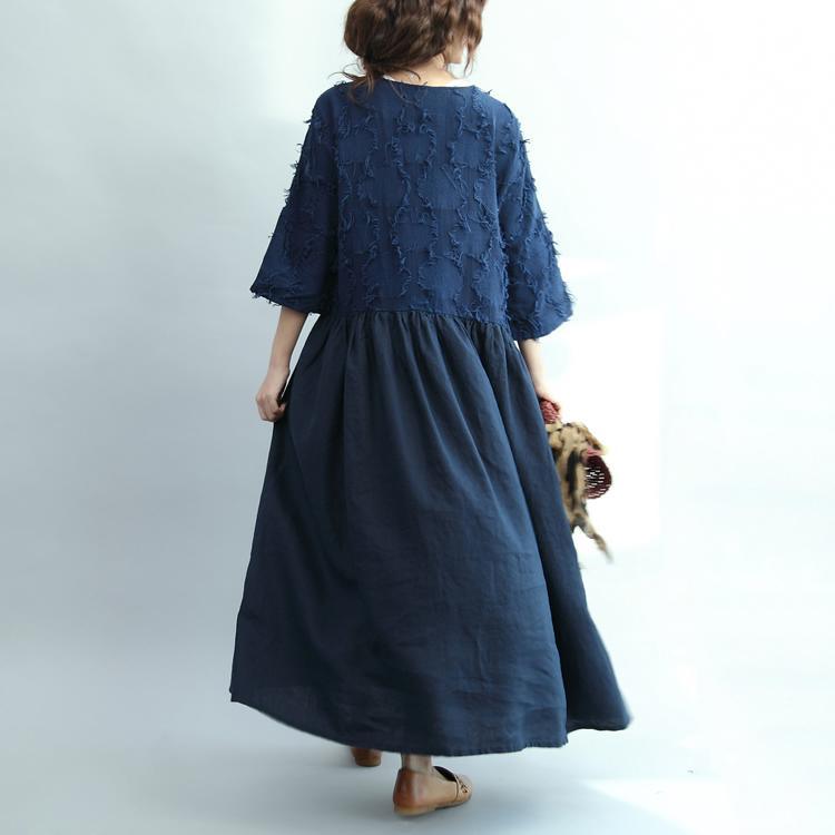 2017 spring navy linen dresses plus size vintage fit flare dress half sleeve - Omychic
