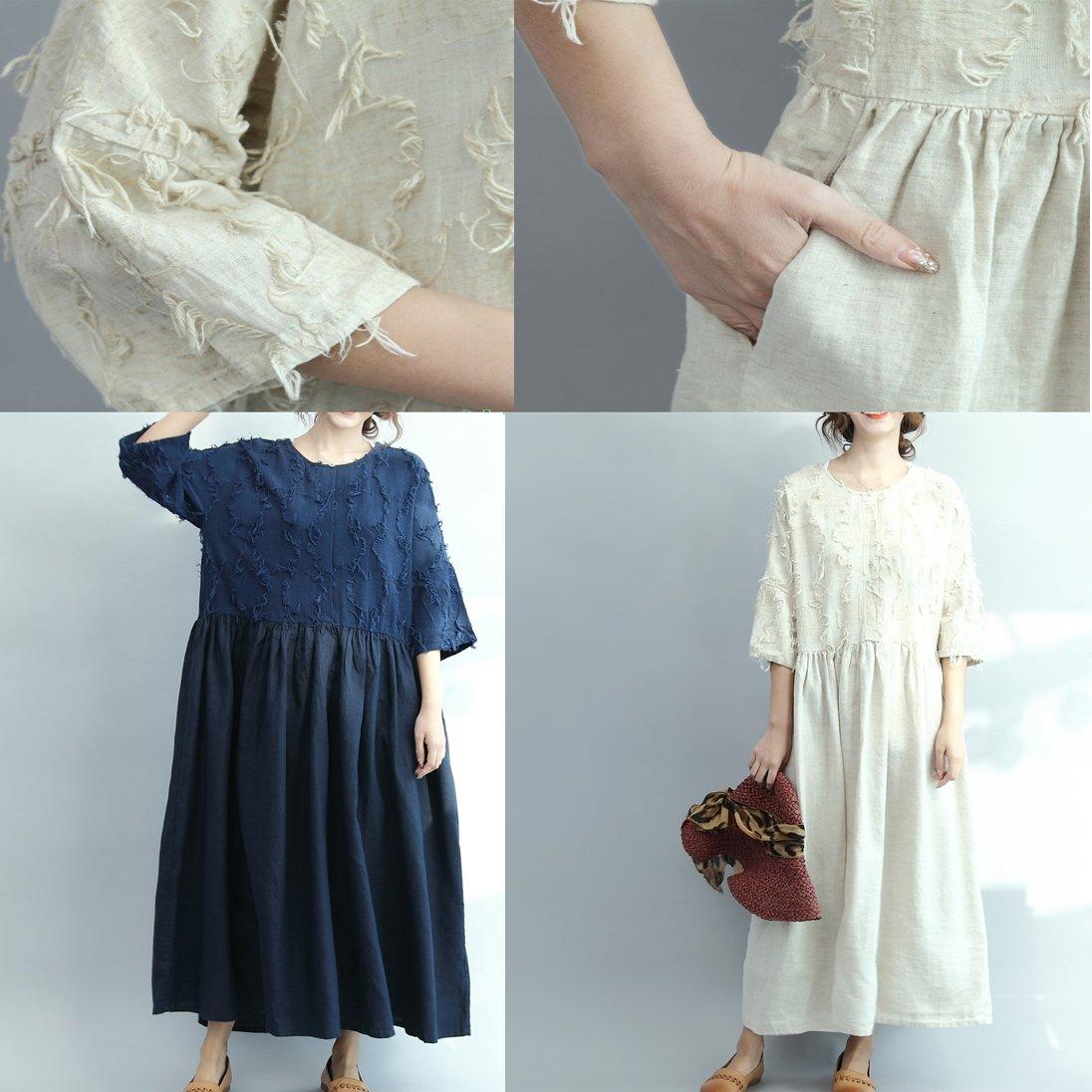 2017 spring navy linen dresses plus size vintage fit flare dress half sleeve - Omychic