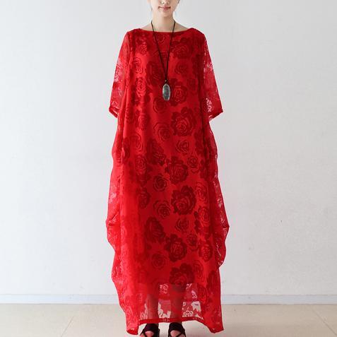 2021 Spring Red Dresses Maxi Blossing Roses Chiffon Caftans Cotton Inside Layer - Omychic